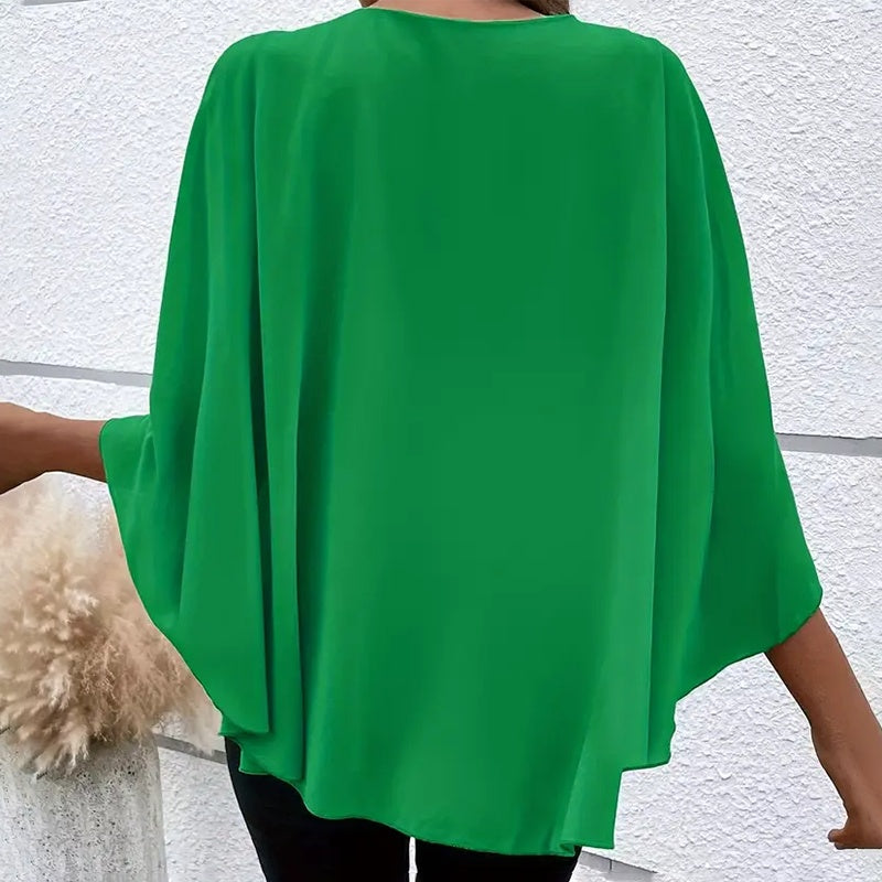Women's Summer Chiffon Blouses Casual Scoop Neck Cape Sleeve Tunic Tops Shirts