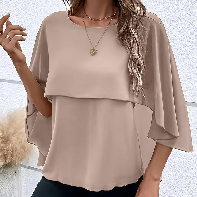 Women's Summer Chiffon Blouses Casual Scoop Neck Cape Sleeve Tunic Tops Shirts