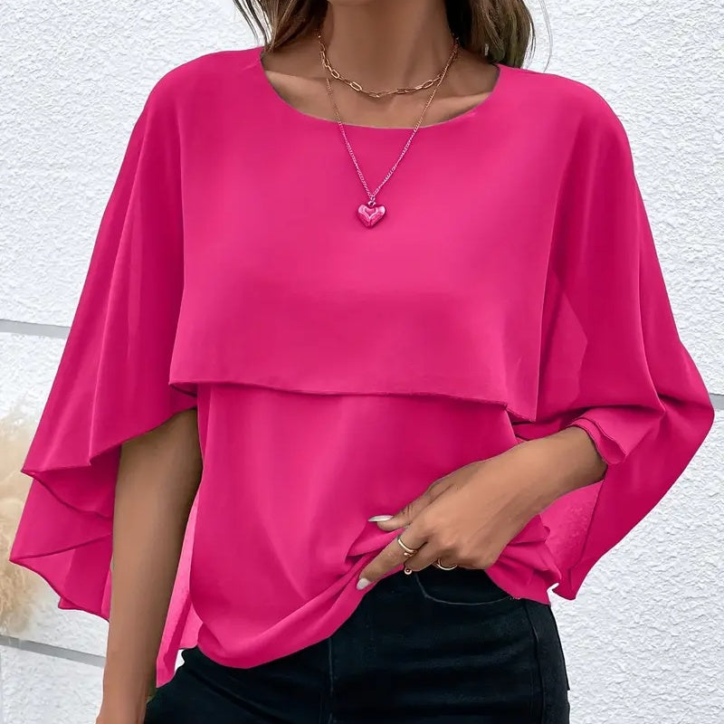 Women's Summer Chiffon Blouses Casual Scoop Neck Cape Sleeve Tunic Tops Shirts