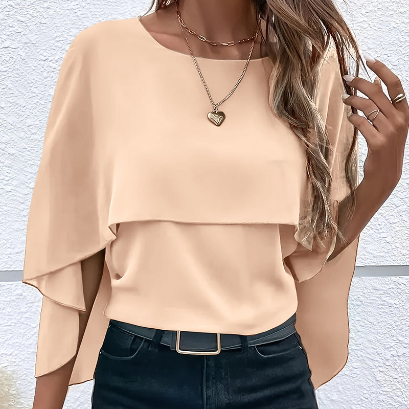 Women's Summer Chiffon Blouses Casual Scoop Neck Cape Sleeve Tunic Tops Shirts