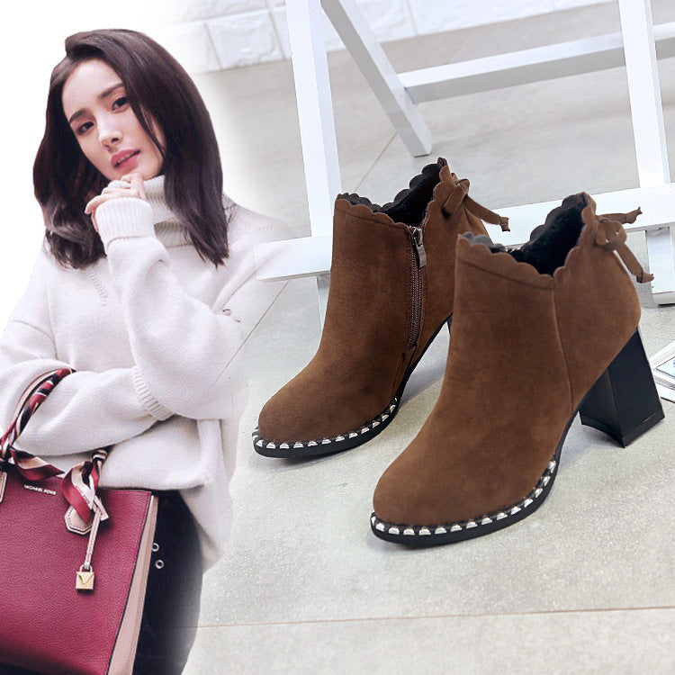 female short boots new autumn winter warm Martin boots bows ornament high heels European shoes