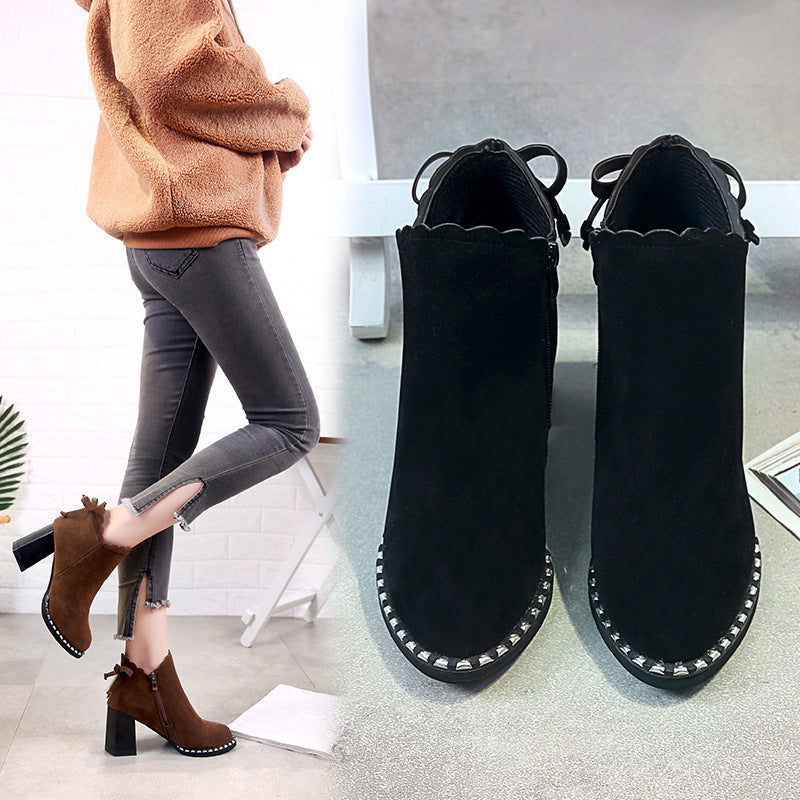female short boots new autumn winter warm Martin boots bows ornament high heels European shoes