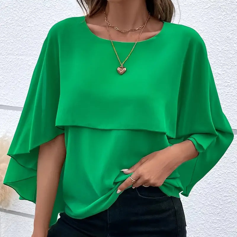 Women's Summer Chiffon Blouses Casual Scoop Neck Cape Sleeve Tunic Tops Shirts