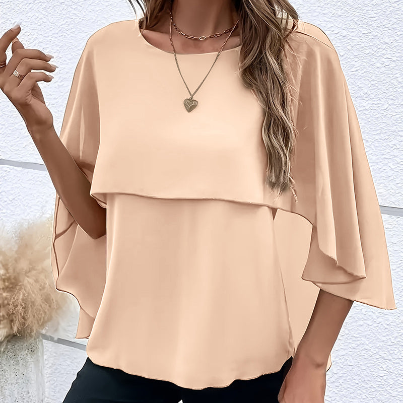 Women's Summer Chiffon Blouses Casual Scoop Neck Cape Sleeve Tunic Tops Shirts
