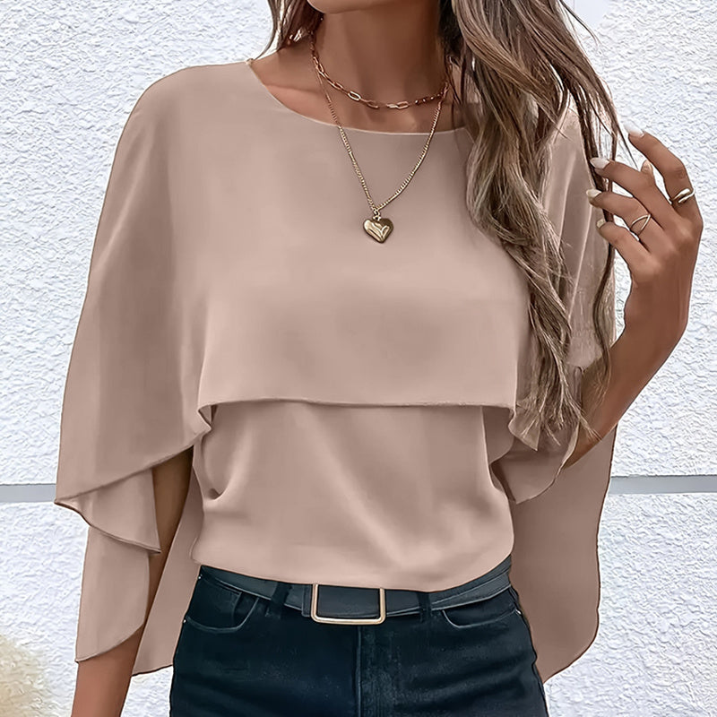 Women's Summer Chiffon Blouses Casual Scoop Neck Cape Sleeve Tunic Tops Shirts