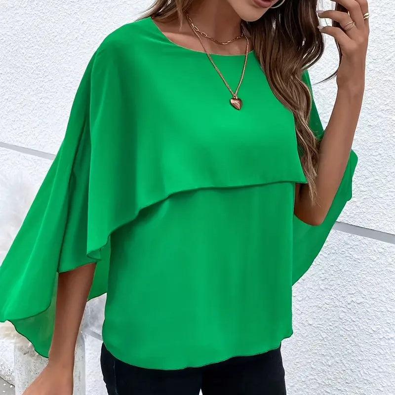 Women's Summer Chiffon Blouses Casual Scoop Neck Cape Sleeve Tunic Tops Shirts