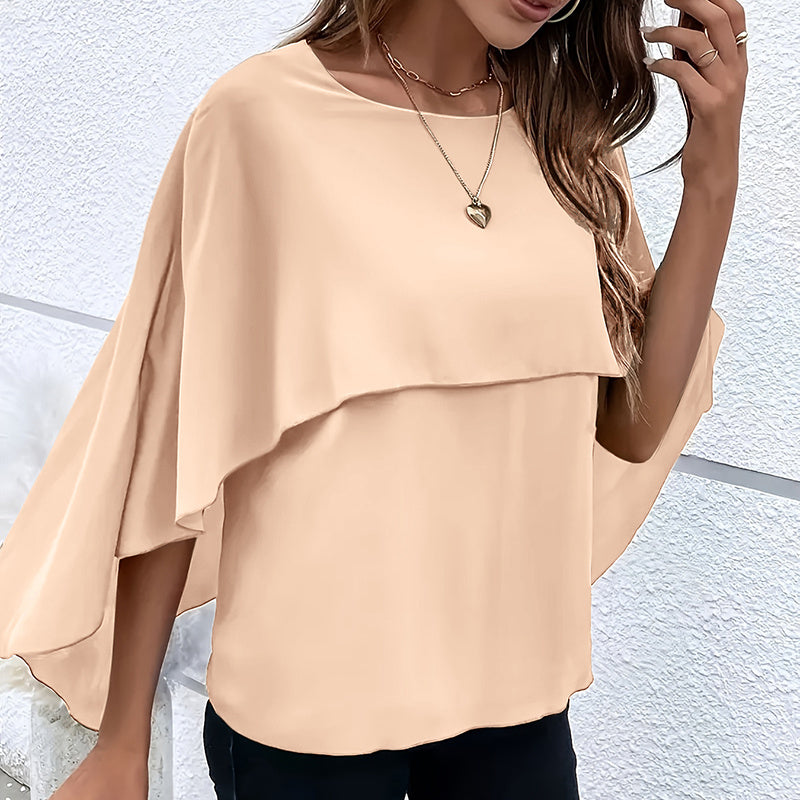 Women's Summer Chiffon Blouses Casual Scoop Neck Cape Sleeve Tunic Tops Shirts