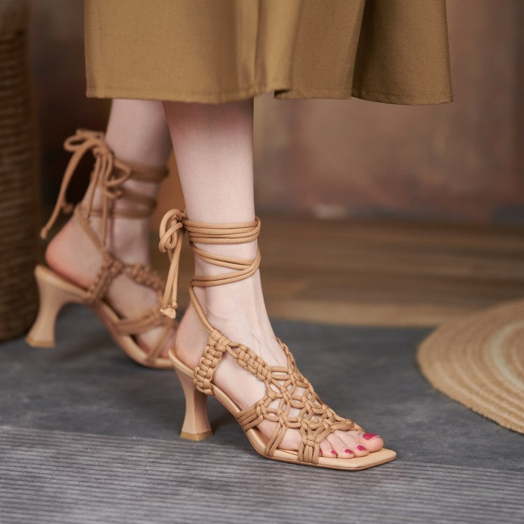 Summer New Women's Shoes Rope Tie Toe Sandals Roman High Heels Wish Amazon Foreign Trade Shoes