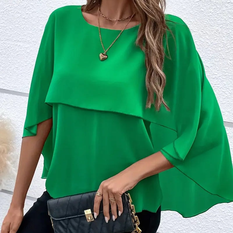 Women's Summer Chiffon Blouses Casual Scoop Neck Cape Sleeve Tunic Tops Shirts
