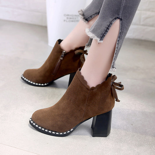 female short boots new autumn winter warm Martin boots bows ornament high heels European shoes