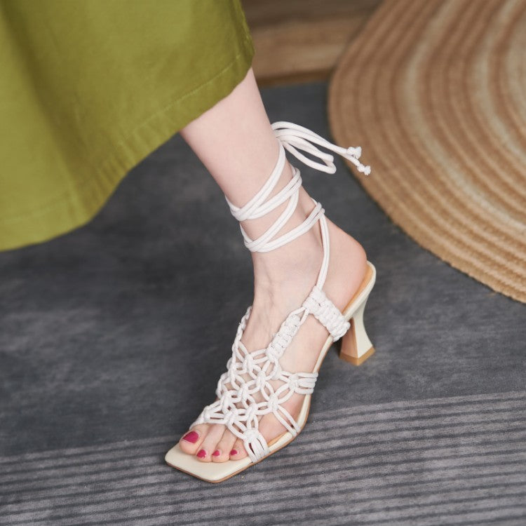 Summer New Women's Shoes Rope Tie Toe Sandals Roman High Heels Wish Amazon Foreign Trade Shoes